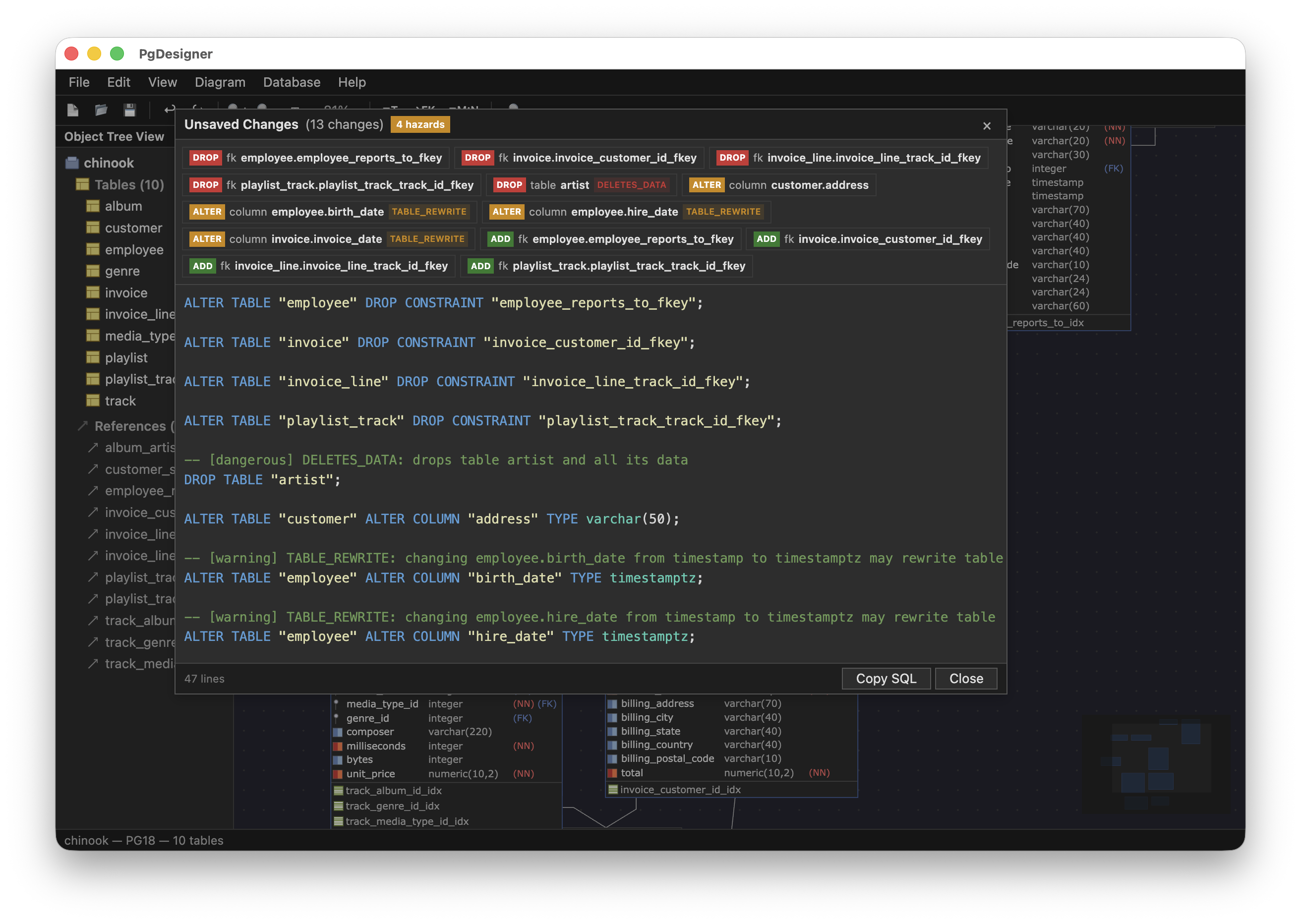 PgDesigner diff dialog showing ALTER SQL with hazard warnings