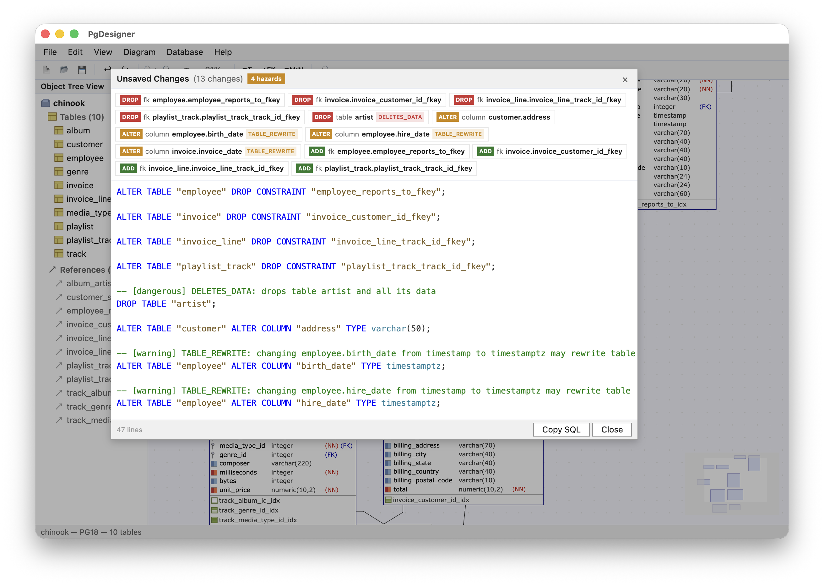PgDesigner Diff dialog showing unsaved changes with DROP, ADD, ALTER badges and hazard warnings (DELETES_DATA, TABLE_REWRITE) in light theme