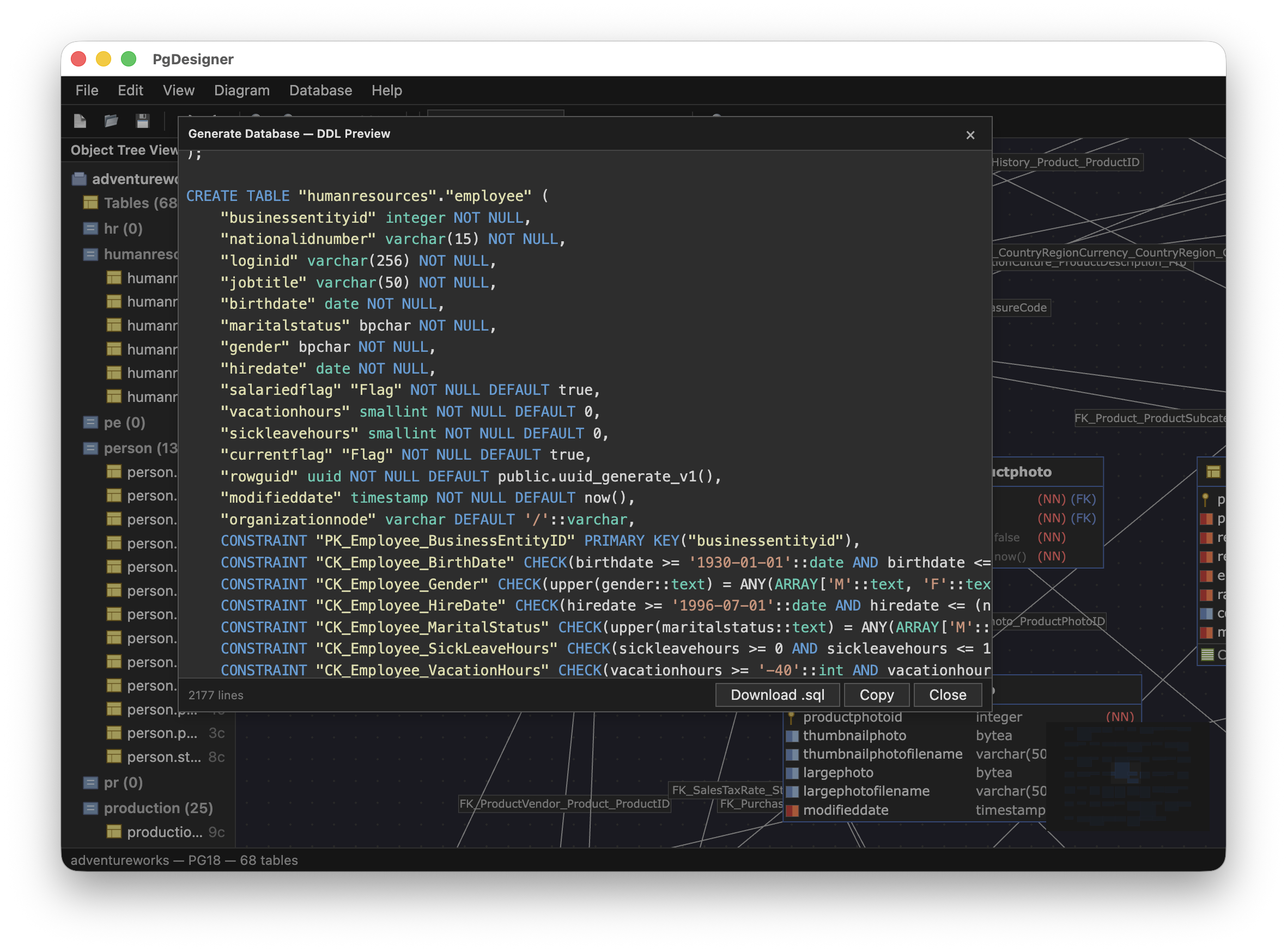PgDesigner Generate Database DDL Preview dialog showing CREATE TABLE SQL with constraints for AdventureWorks in dark theme