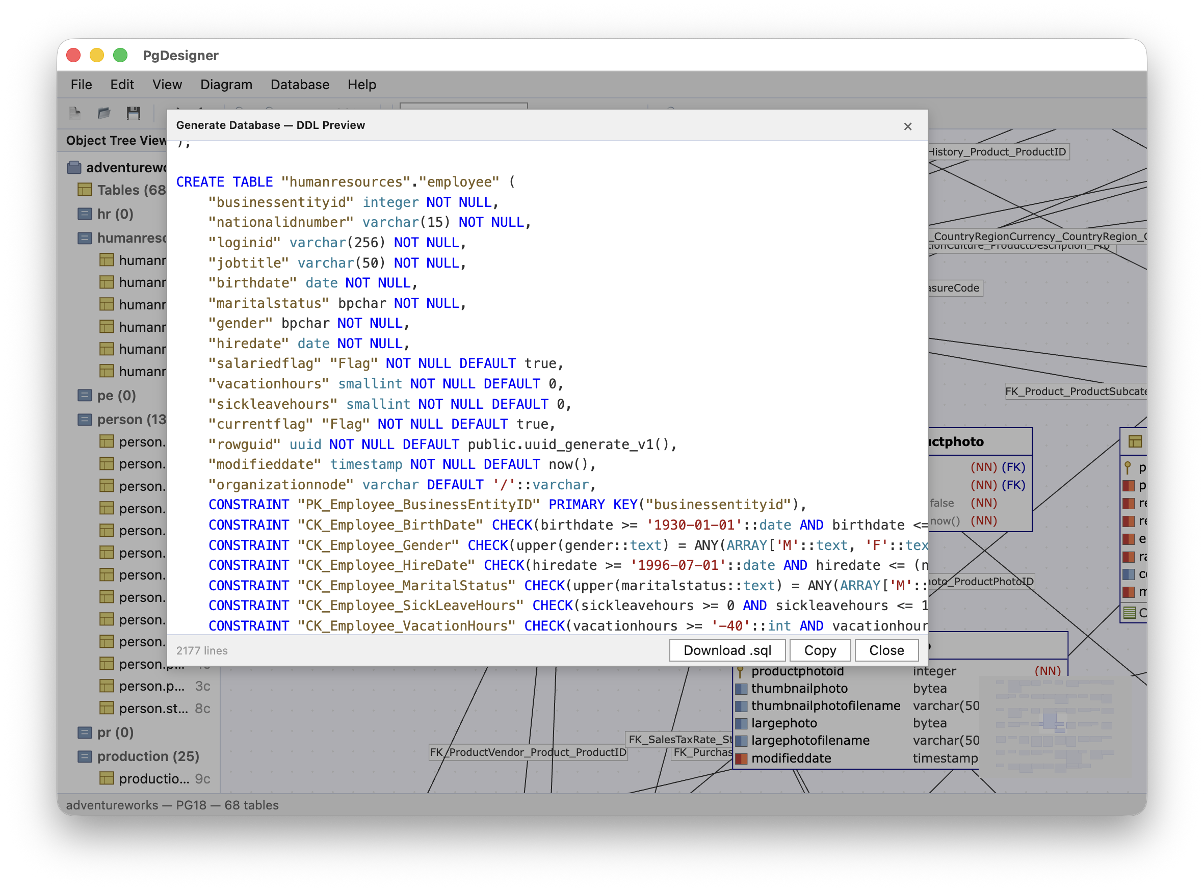 PgDesigner Generate Database DDL Preview dialog showing CREATE TABLE SQL with constraints for AdventureWorks in light theme
