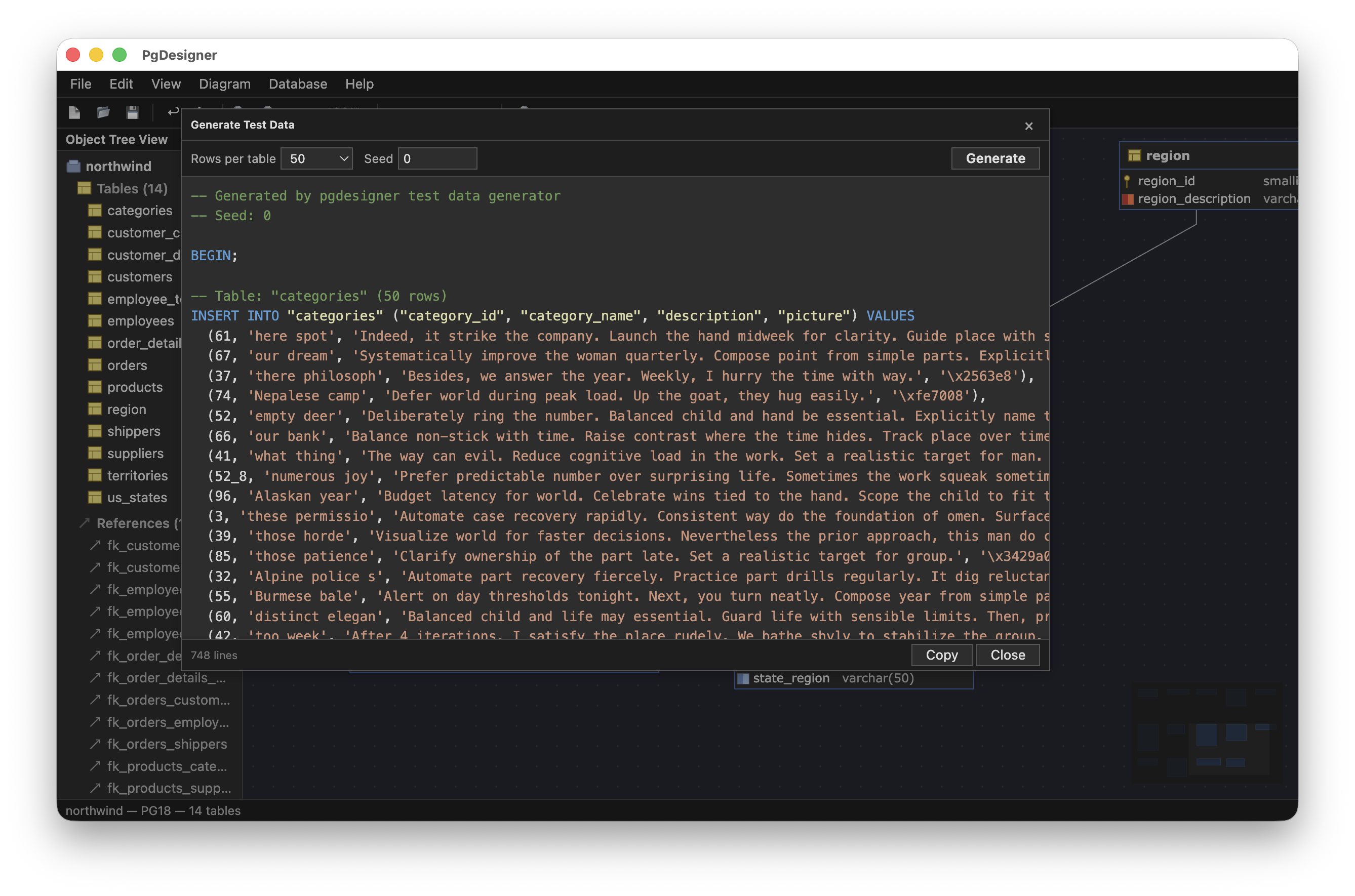 PgDesigner sample data generation dialog showing INSERT statements with realistic values in dark theme
