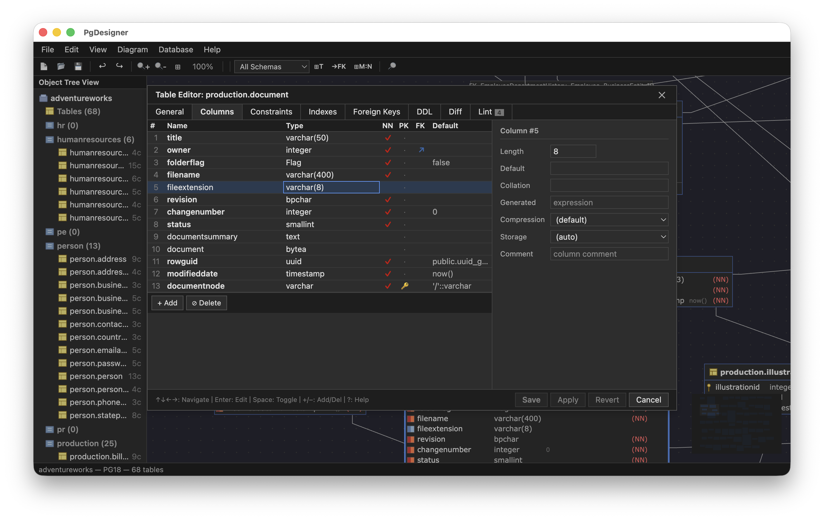 PgDesigner Table Editor showing production.document columns, types, and properties in dark theme