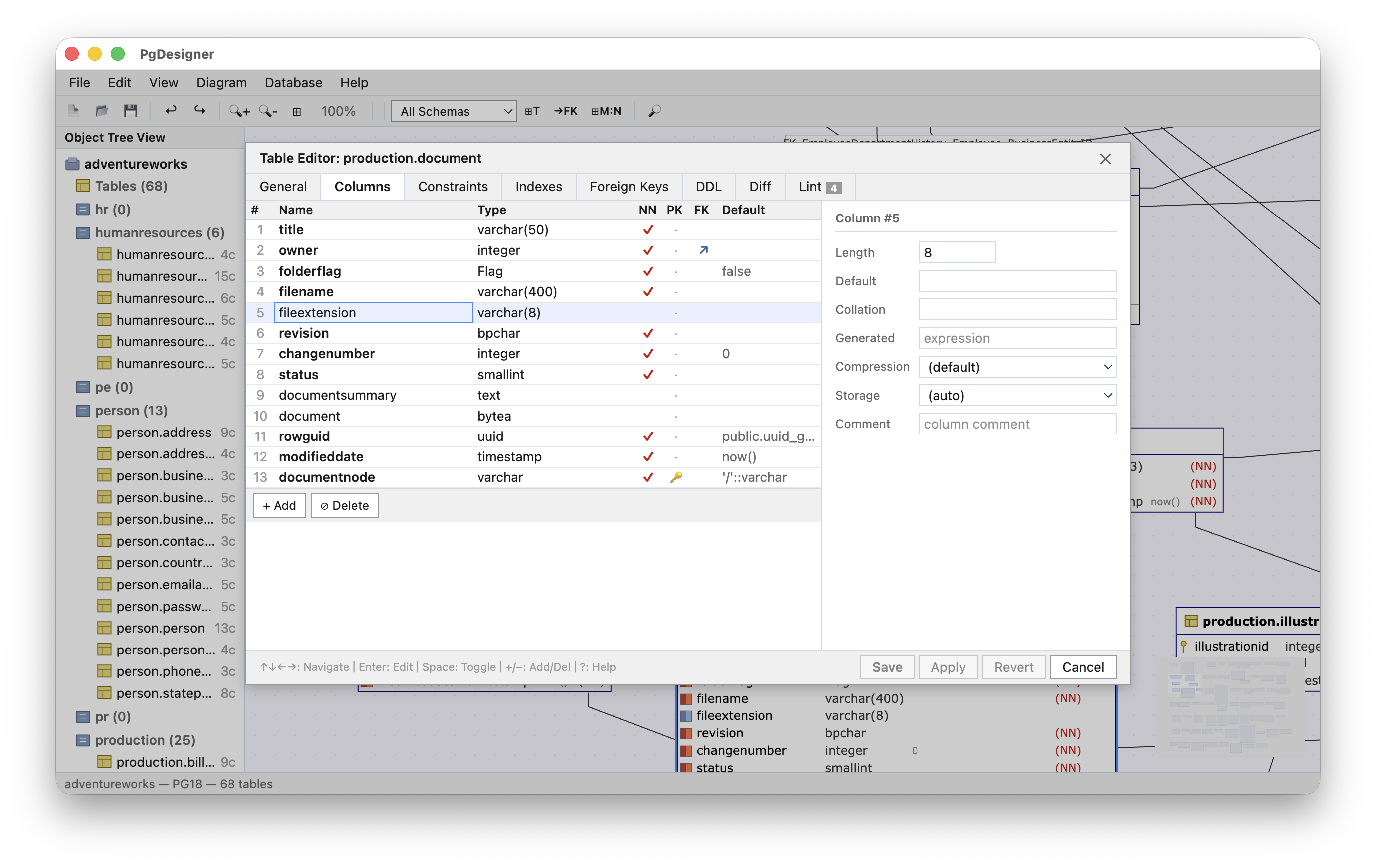 PgDesigner Table Editor showing production.document columns, types, and properties in light theme